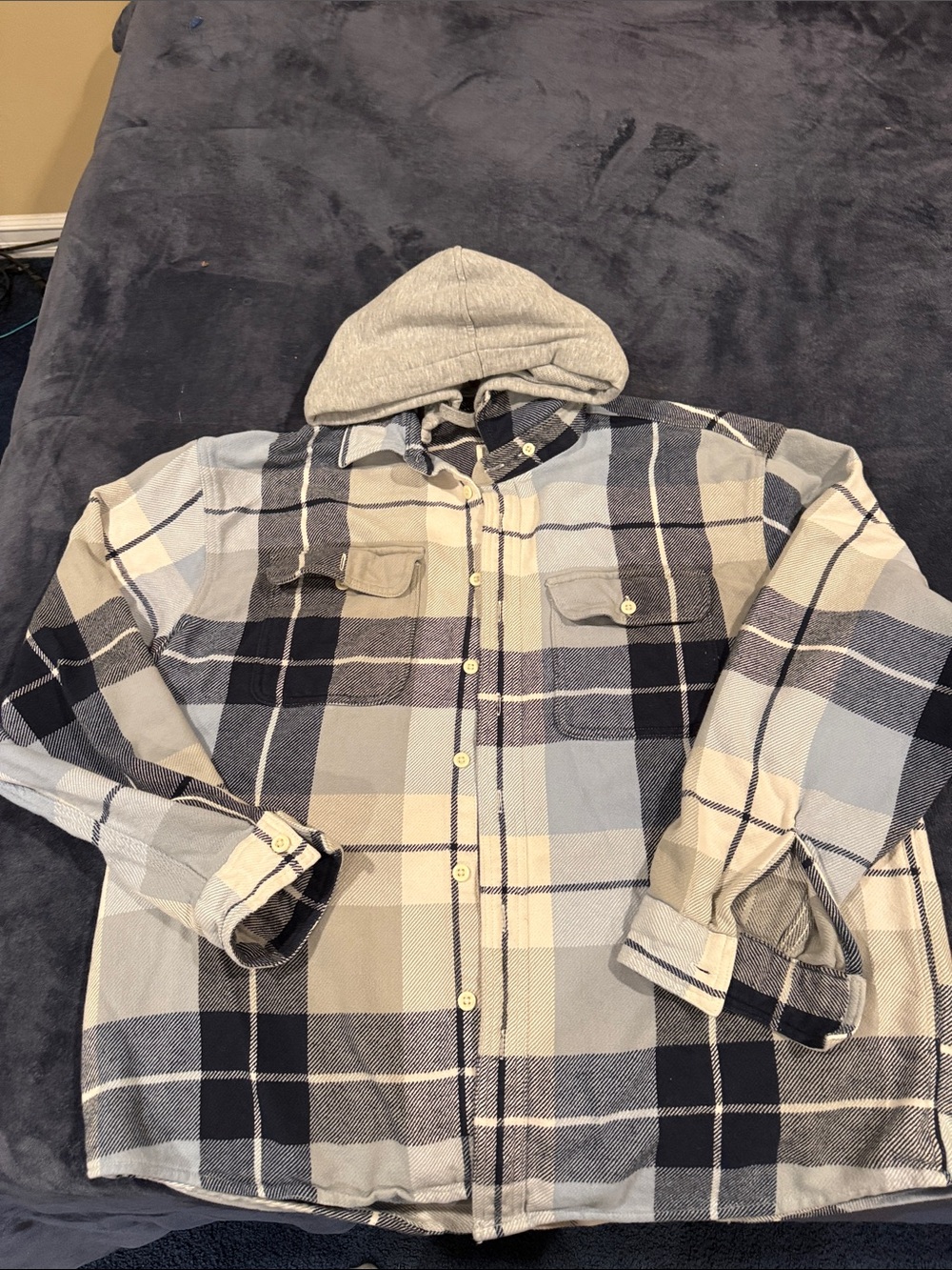 American Eagle Outfitters Hooded Plaid Shirt Jacket - Gray & Black
